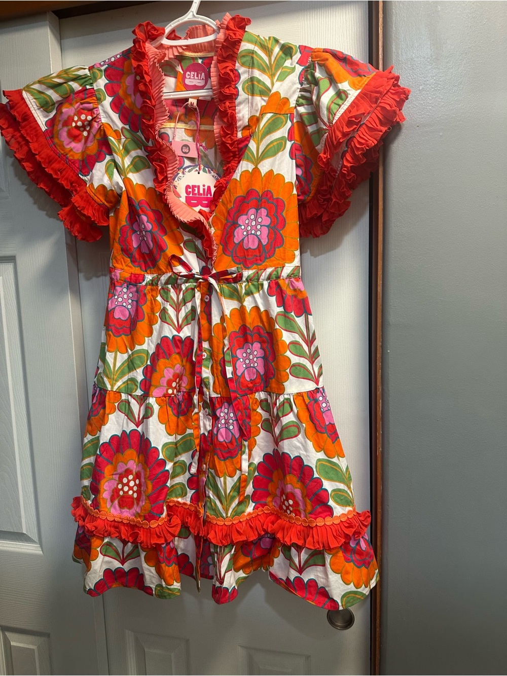 CeliaB Orange, Pink & Green Floral Ruffle Wrap Dress